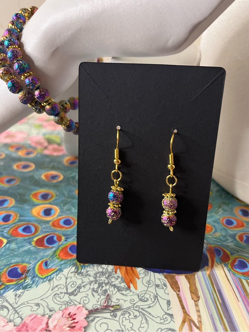 Rainbow Druzy Bracelet & Earrings Set Gold Accents Handmade Sparkle Jewelry - Picture 6 of 9